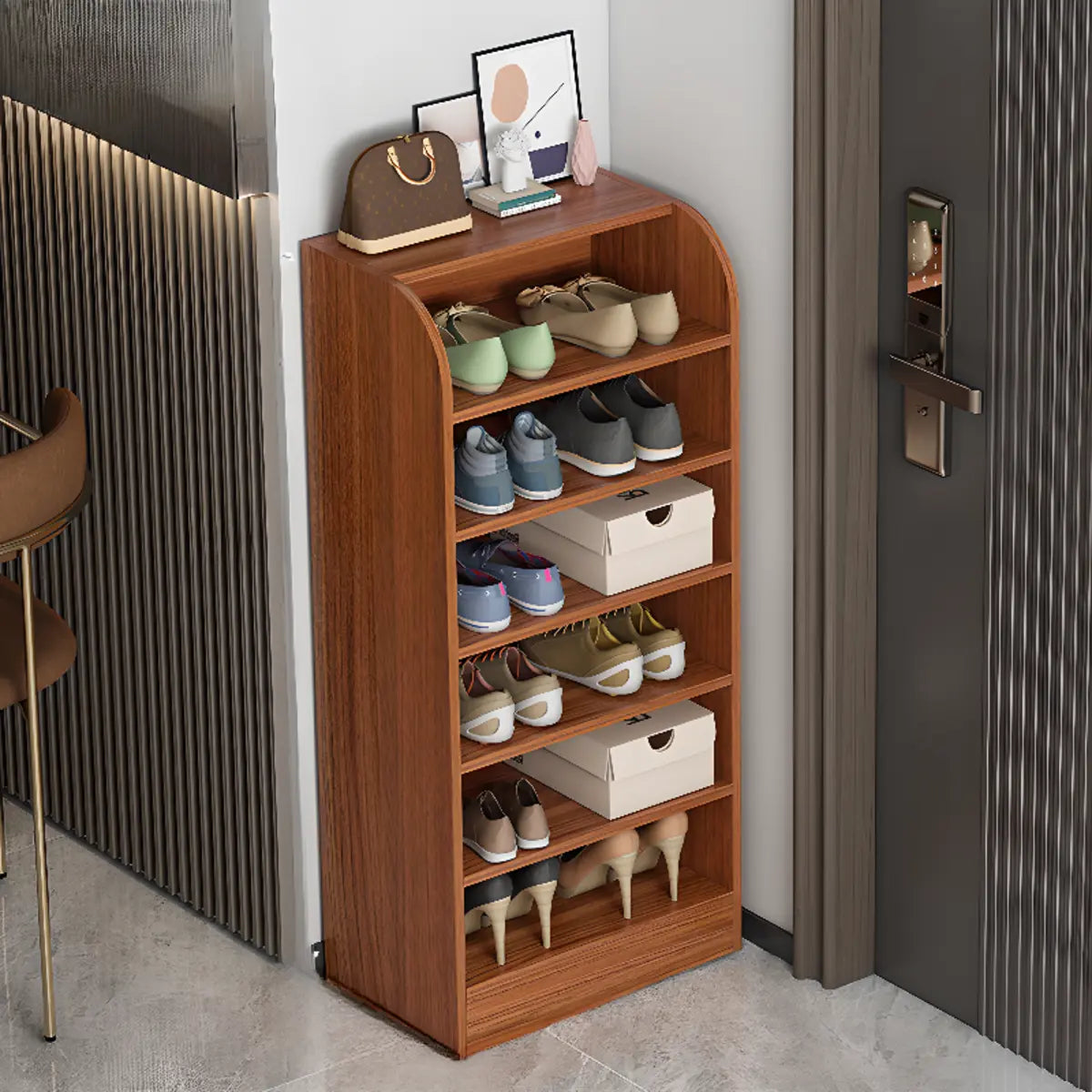 Modern Vertical Wood Hallway Gray 5-Tier Open Shoe Rack Image - 12