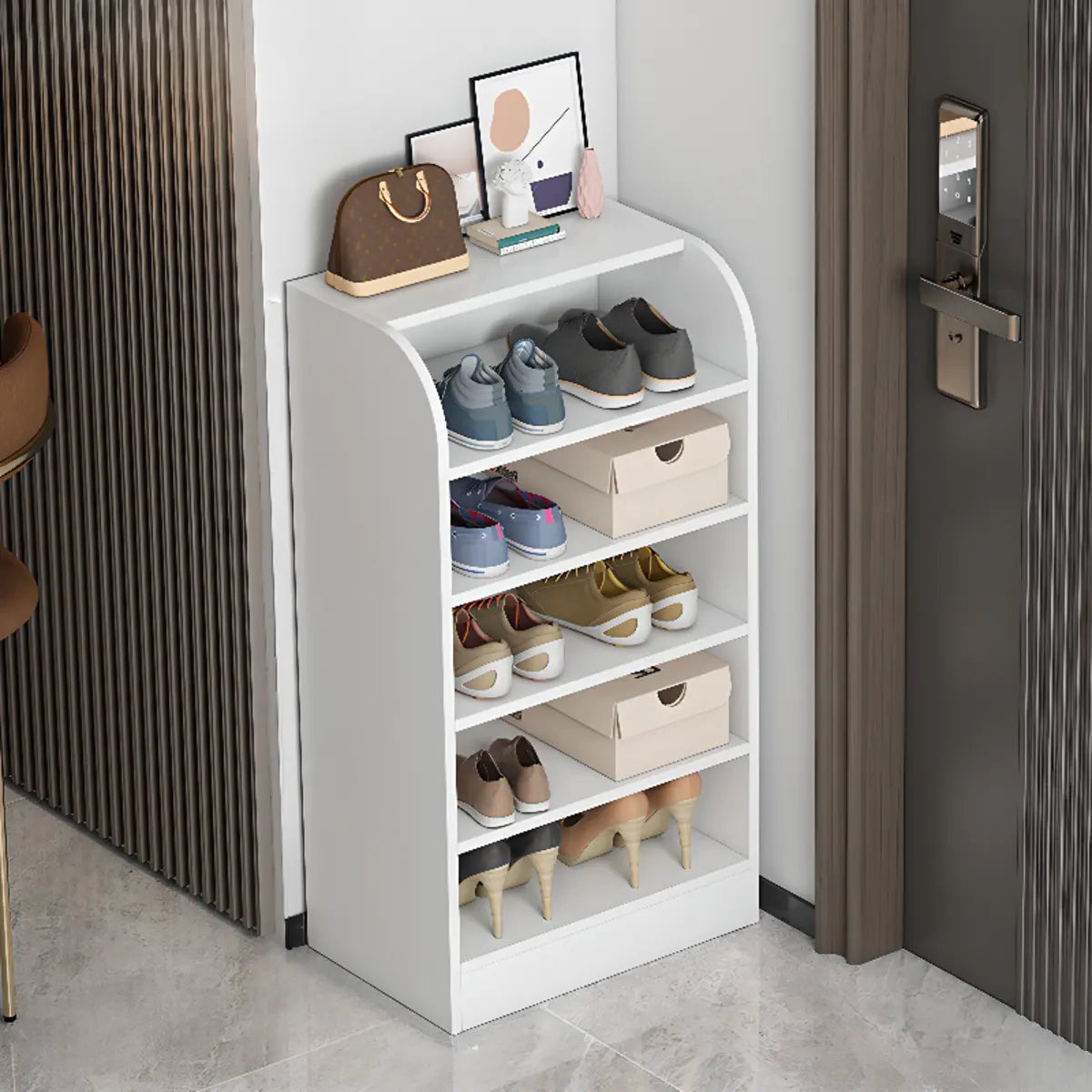 Modern Vertical Wood Hallway Gray 5-Tier Open Shoe Rack Image - 13