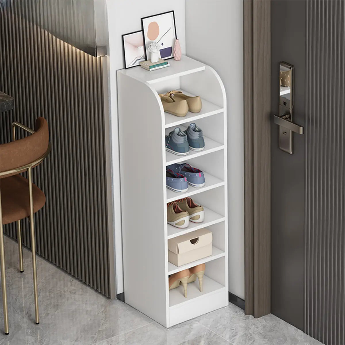 Modern Vertical Wood Hallway Gray 5-Tier Open Shoe Rack Image - 22