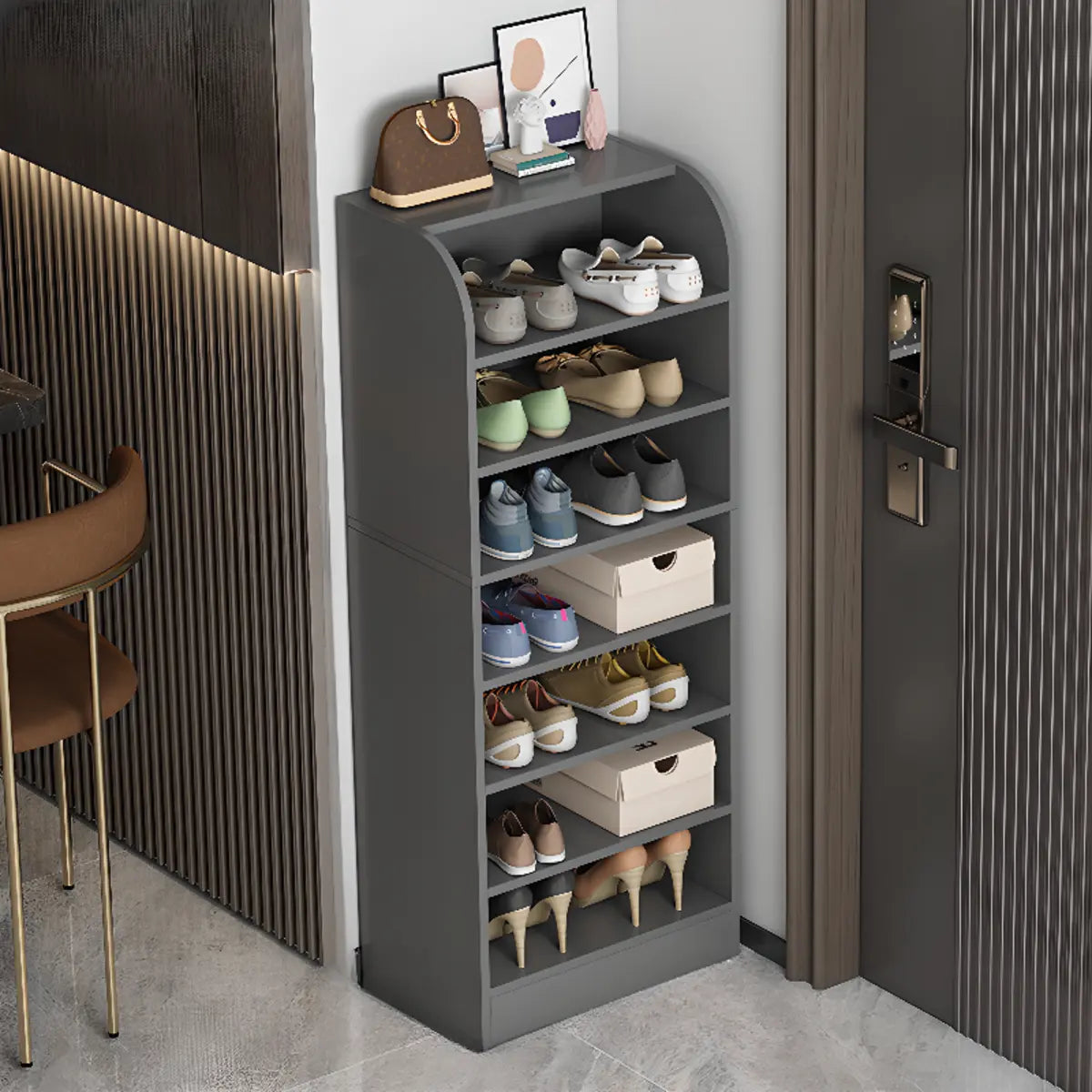 Modern Vertical Wood Hallway Gray 5-Tier Open Shoe Rack Image - 26