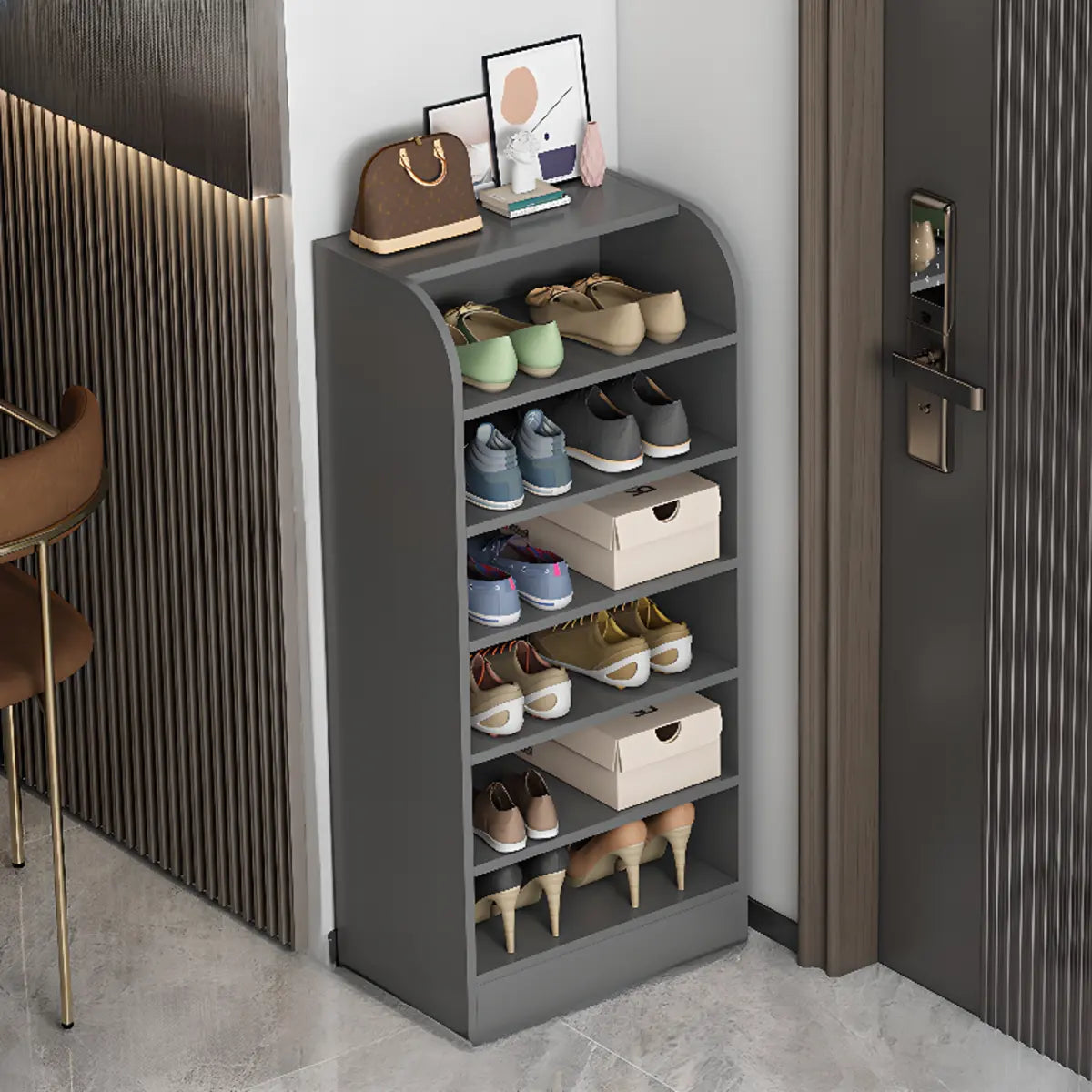 Modern Vertical Wood Hallway Gray 5-Tier Open Shoe Rack Image - 27