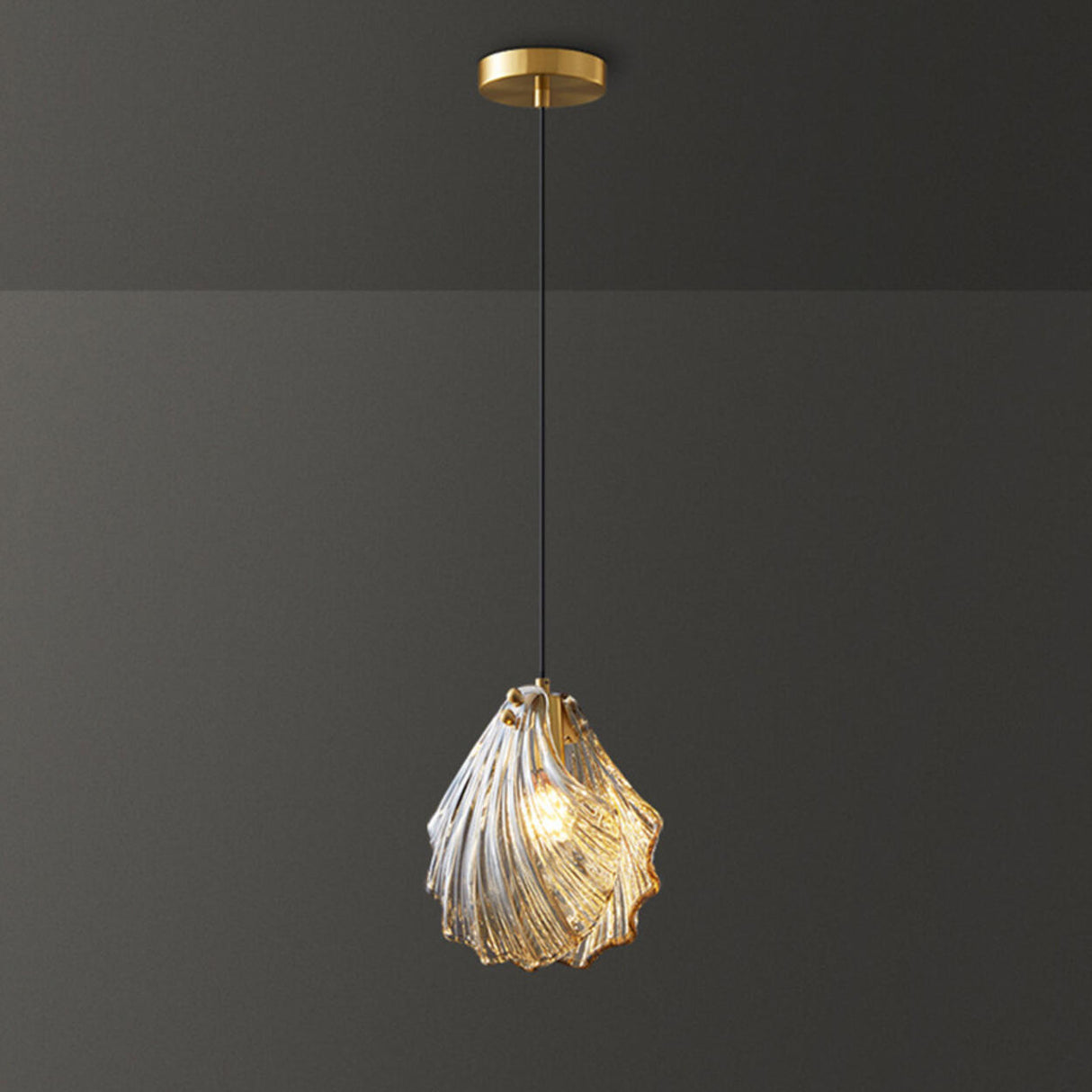 Modern Vintage Brass Clear Glass Shell Pendant Light Image - 10