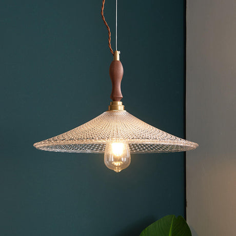 Modern VIntage Wood Cone Clear Glass Pendant Light Image - 1