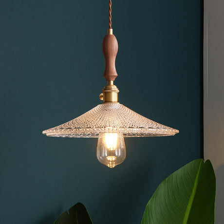 Modern VIntage Wood Cone Clear Glass Pendant Light Image - 2