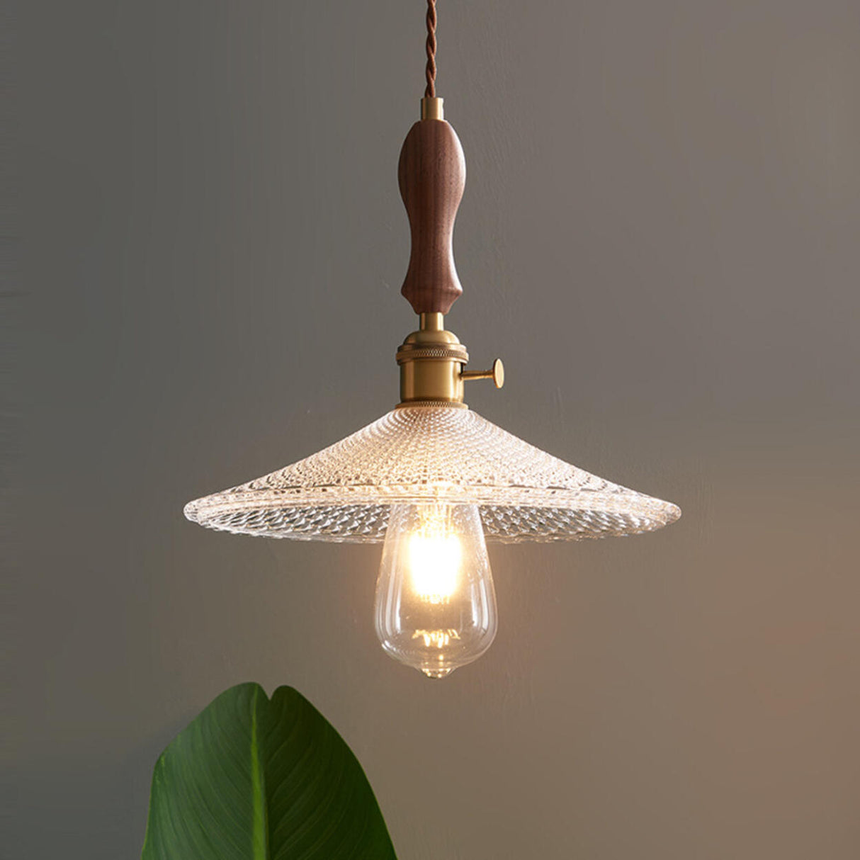 Modern VIntage Wood Cone Clear Glass Pendant Light Image - 3