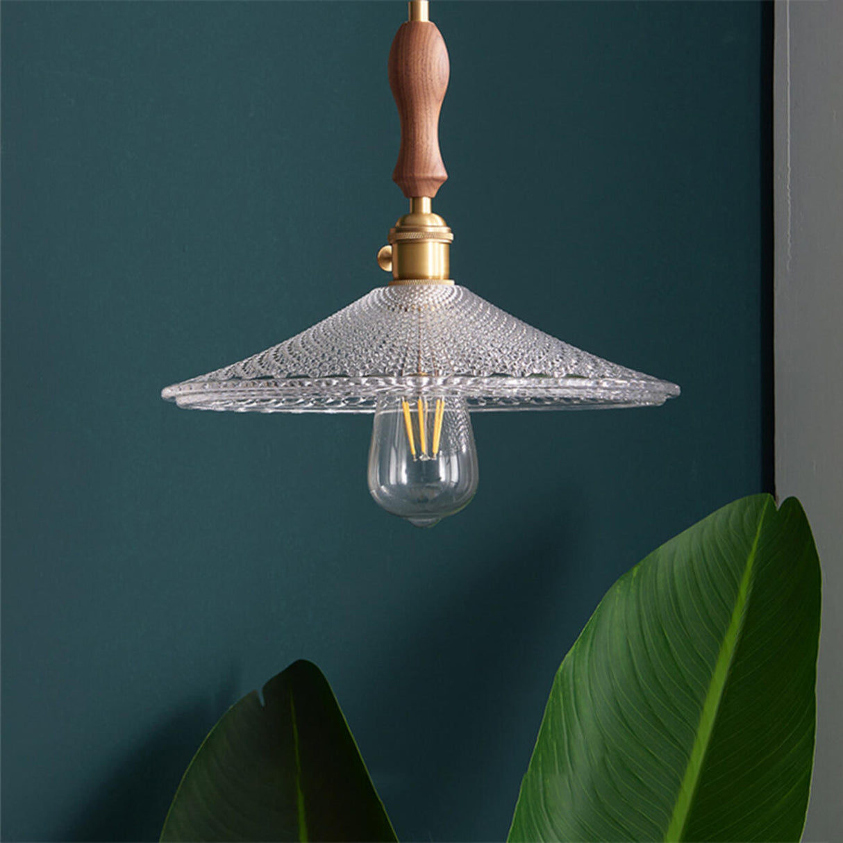 Modern VIntage Wood Cone Clear Glass Pendant Light Image - 4