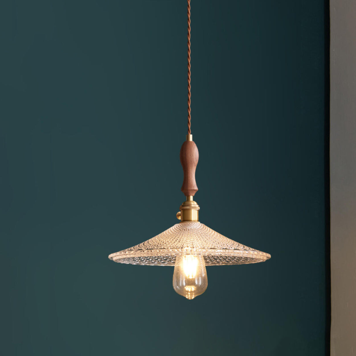 Modern VIntage Wood Cone Clear Glass Pendant Light Image - 7