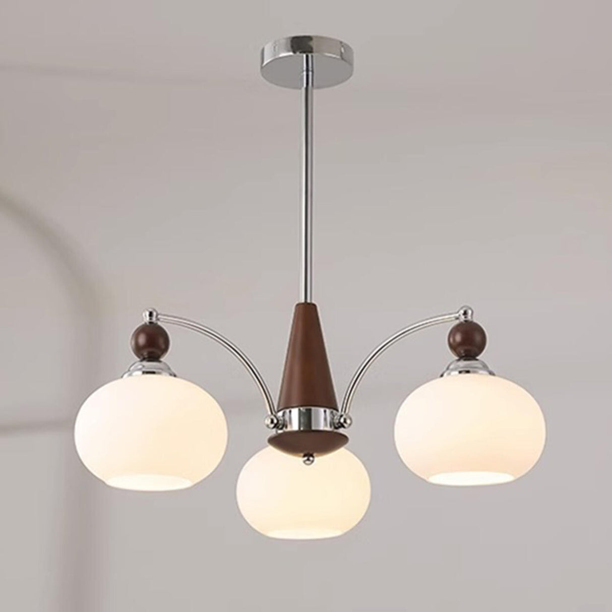 Modern Walnut Wood and White Glass Drum Chandelier Image - 10