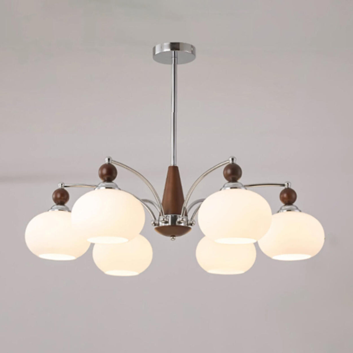 Modern Walnut Wood and White Glass Drum Chandelier Image - 11