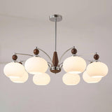 Modern Walnut Wood and White Glass Drum Chandelier Image - 12