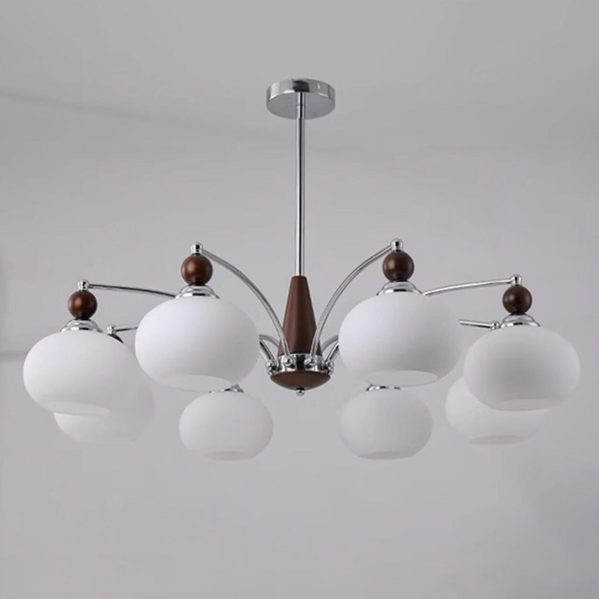 Modern Walnut Wood and White Glass Drum Chandelier Image - 13