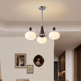 Modern Walnut Wood and White Glass Drum Chandelier Image - 16