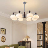 Modern Walnut Wood and White Glass Drum Chandelier Image - 17