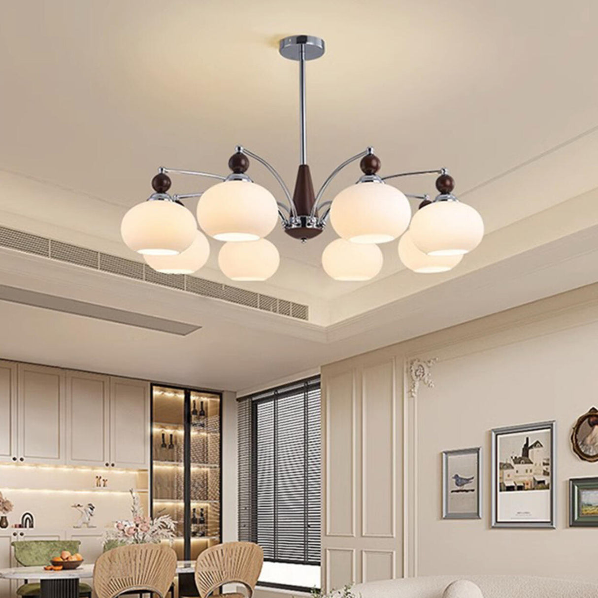 Modern Walnut Wood and White Glass Drum Chandelier Image - 19