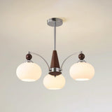 Modern Walnut Wood and White Glass Drum Chandelier Image - 2