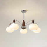 Modern Walnut Wood and White Glass Drum Chandelier Image - 3