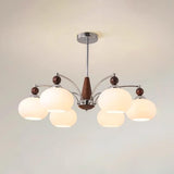 Modern Walnut Wood and White Glass Drum Chandelier Image - 5