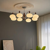 Modern Walnut Wood and White Glass Drum Chandelier Image - 6