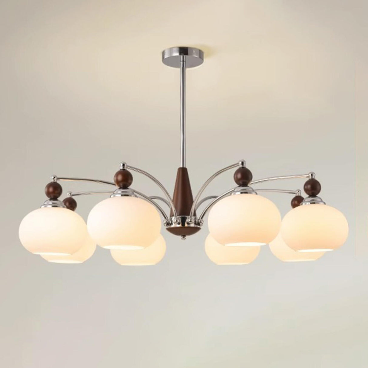 Modern Walnut Wood and White Glass Drum Chandelier Image - 7