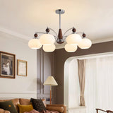 Modern Walnut Wood and White Glass Drum Chandelier Image - 8