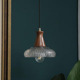 Modern Walnut Wood Clear Glass Bowl Pendant Light Image - 13