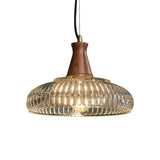 Modern Walnut Wood Clear Glass Bowl Pendant Light Image - 5