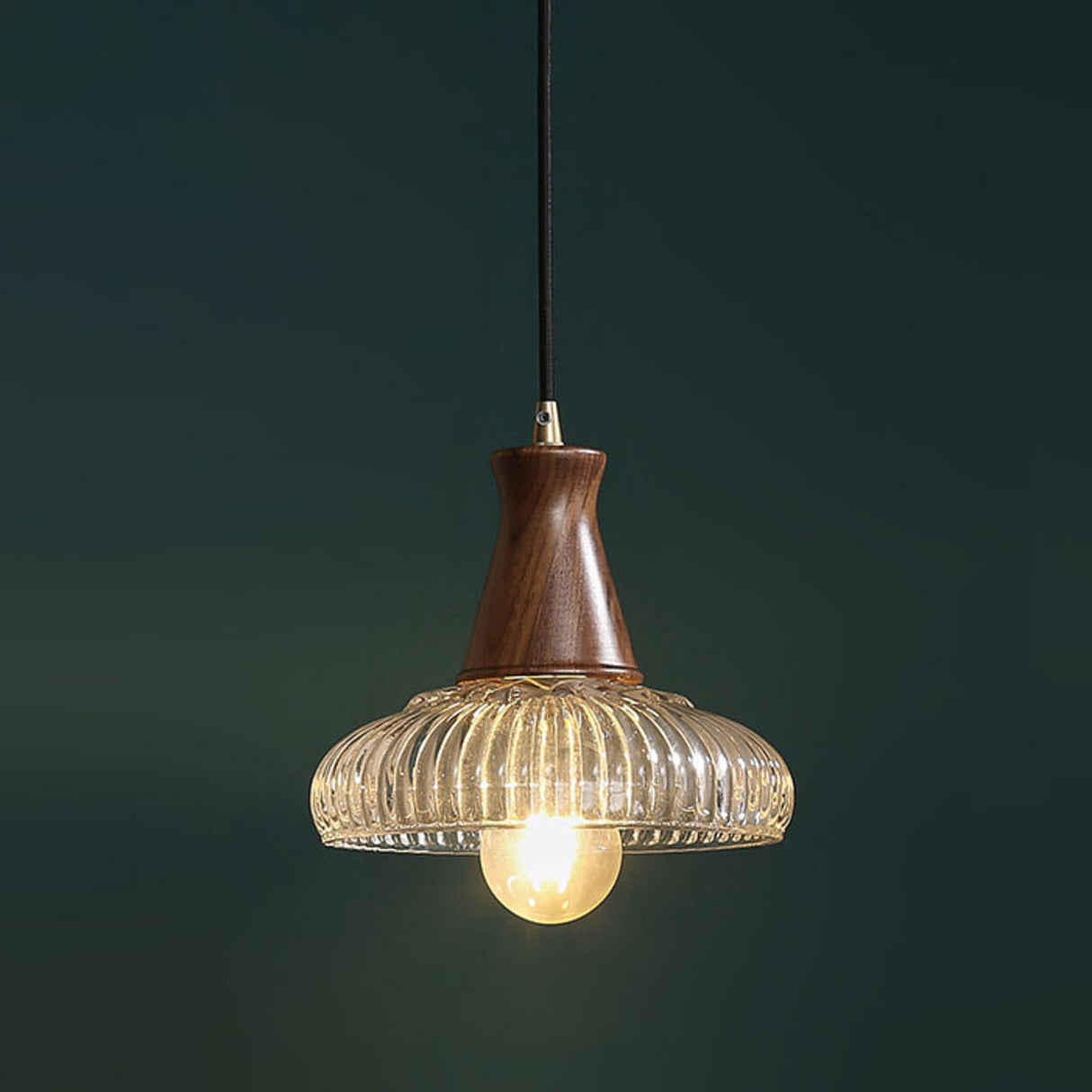 Modern Walnut Wood Clear Glass Bowl Pendant Light Image - 6