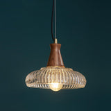 Modern Walnut Wood Clear Glass Bowl Pendant Light Image - 7