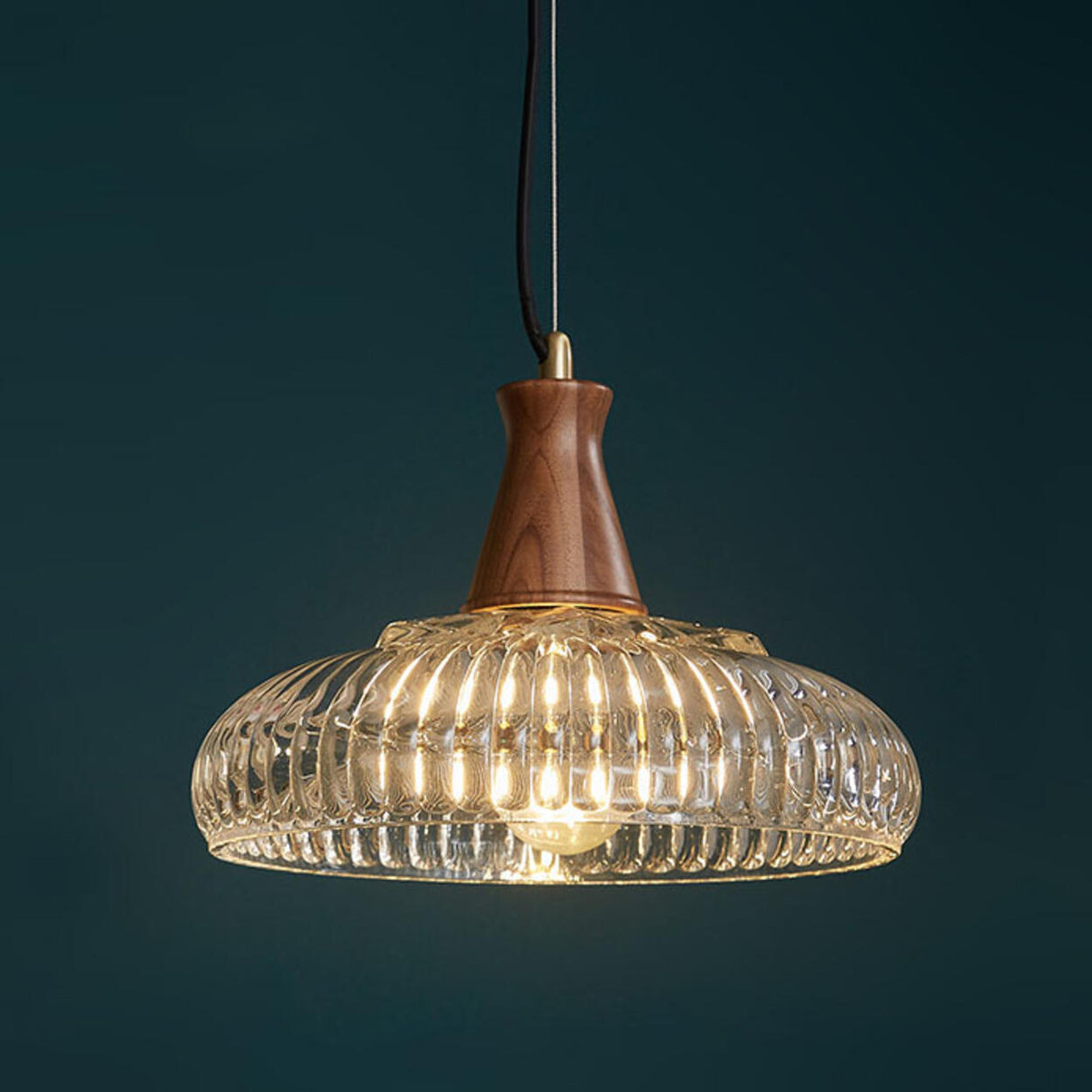 Modern Walnut Wood Clear Glass Bowl Pendant Light Image - 8