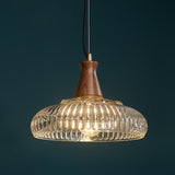 Modern Walnut Wood Clear Glass Bowl Pendant Light Image - 8