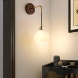 Modern Walnut Wood Ribbed Glass Globe Wall Sconce Image - 1