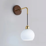 Modern Walnut Wood Ribbed Glass Globe Wall Sconce Image - 2