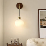 Modern Walnut Wood Ribbed Glass Globe Wall Sconce Image - 3