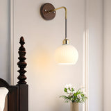 Modern Walnut Wood Ribbed Glass Globe Wall Sconce Image - 4