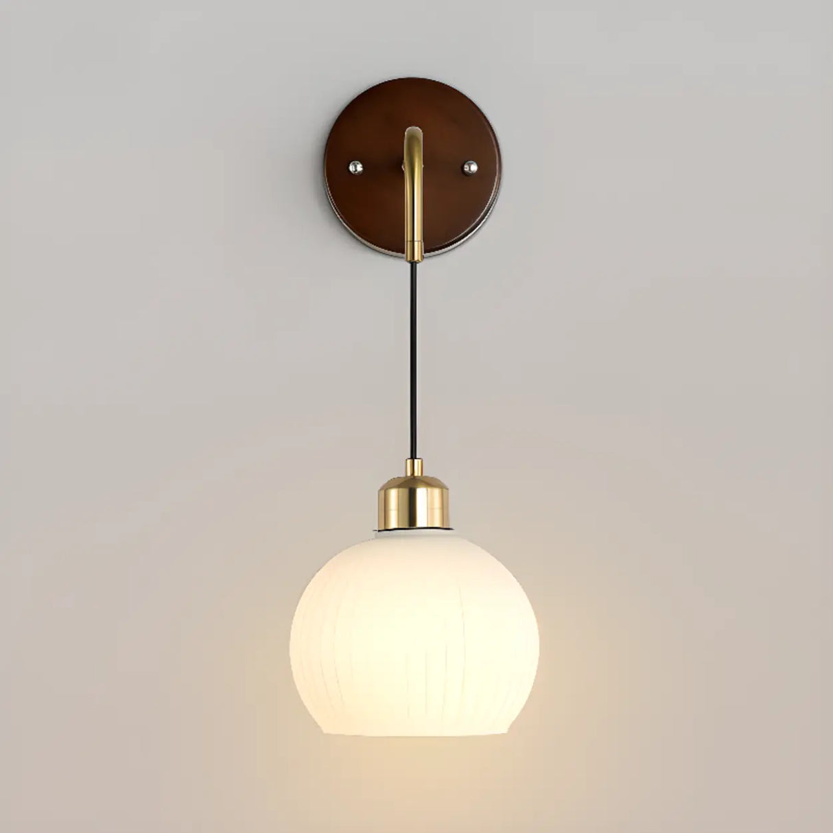 Modern Walnut Wood Ribbed Glass Globe Wall Sconce Image - 6