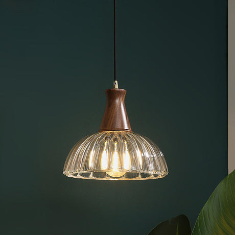 Modern Walnut Wooden Ribbed Clear Glass Pendant Light Image - 2