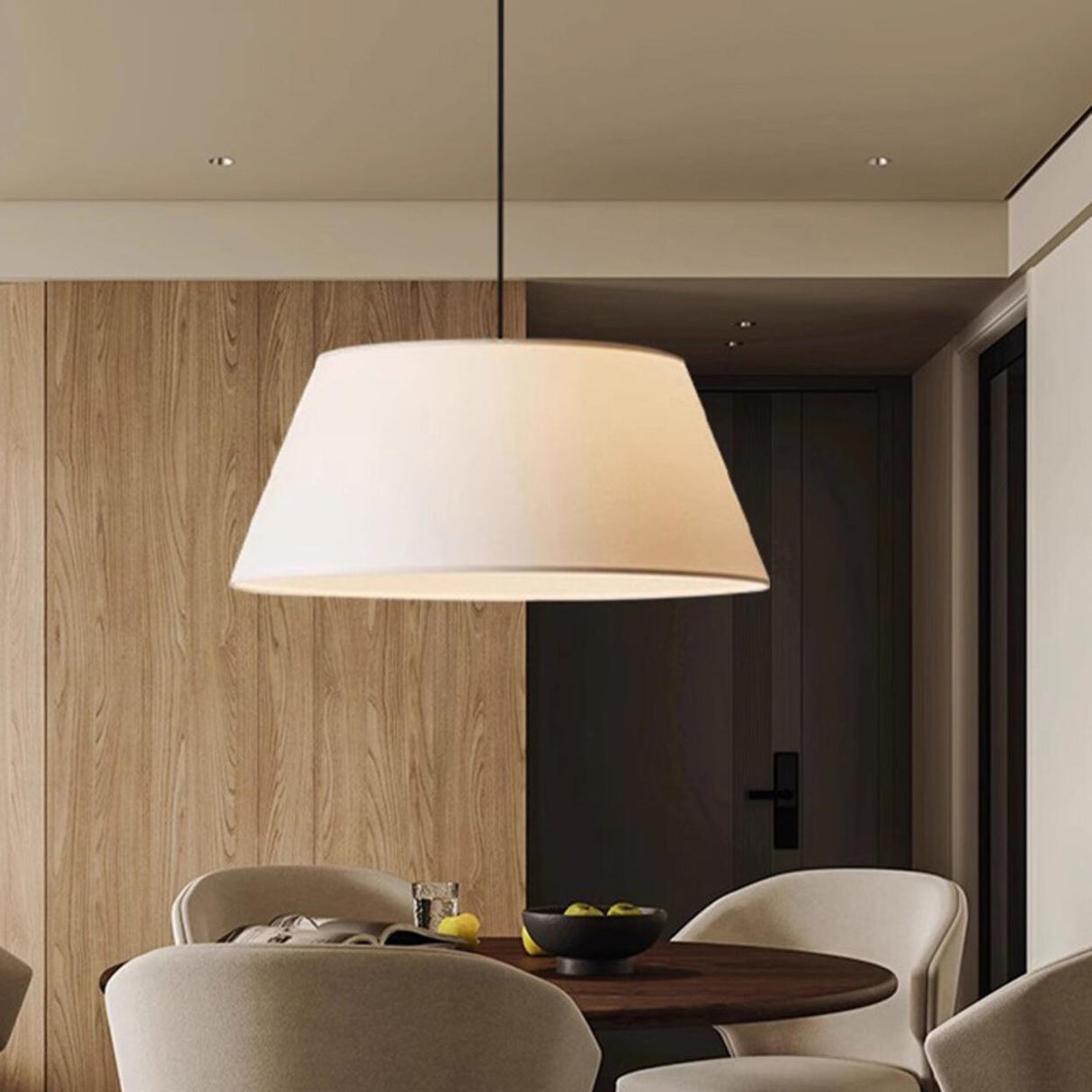 Modern Warm Cylinder Fabric Beige Dining Room Pendant Light Image - 5