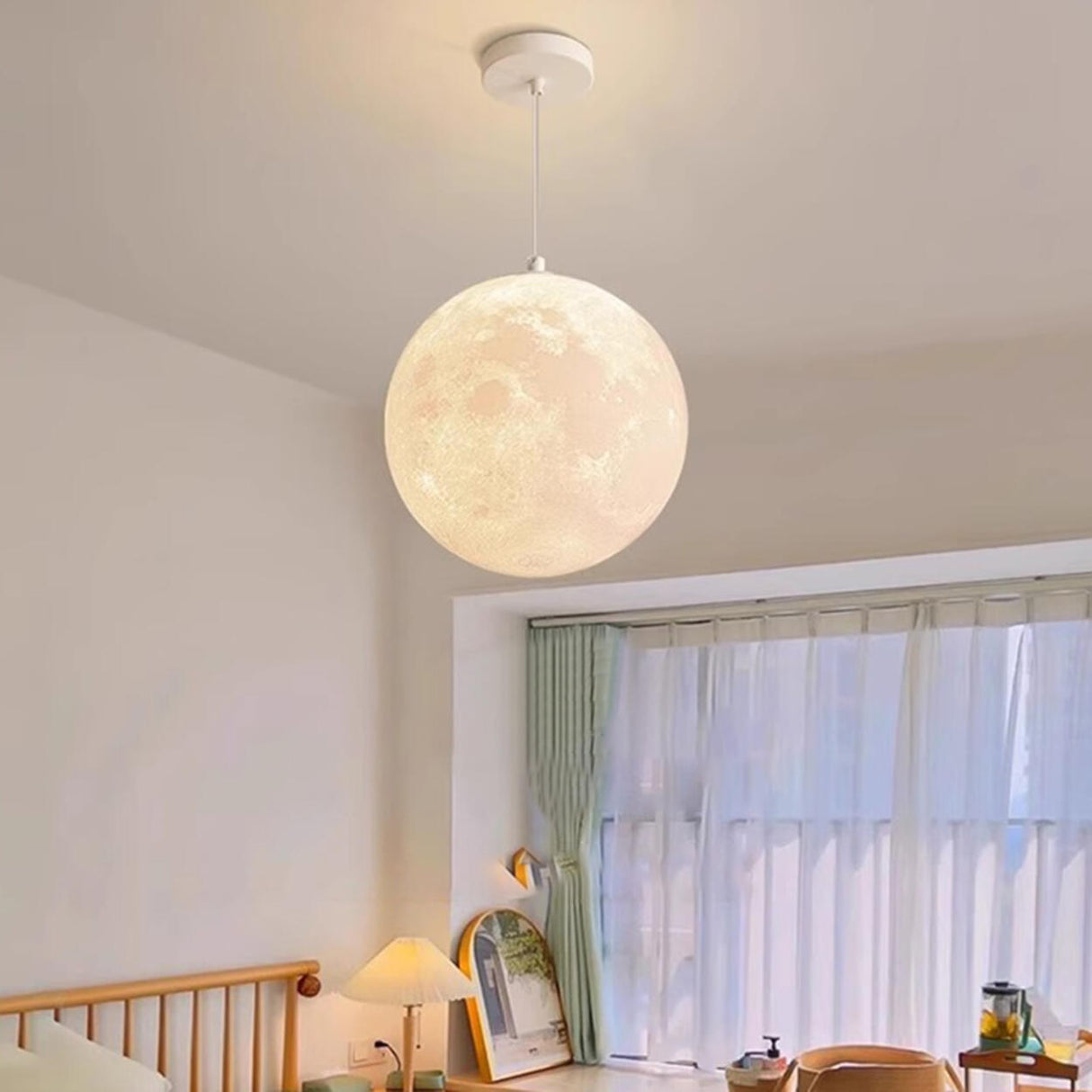 Modern White 3D Moon Bedroom Lunar Surface Pendant Light Image - 1