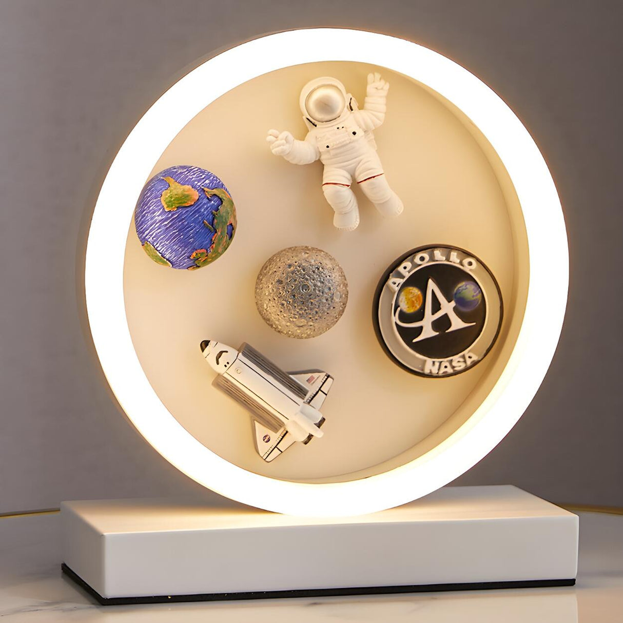 Modern White Astronaut-Themed Circular LED Table Lamp Image - 1