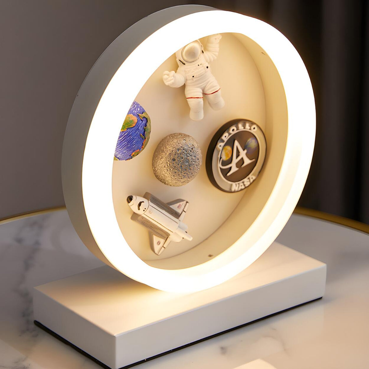 Modern White Astronaut-Themed Circular LED Table Lamp Image - 2