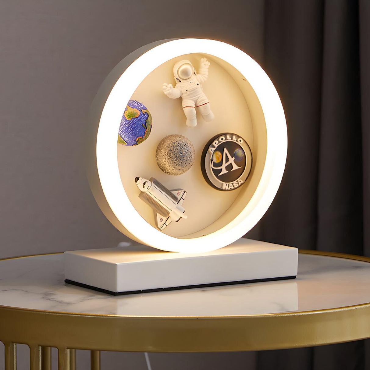 Modern White Astronaut-Themed Circular LED Table Lamp Image - 3