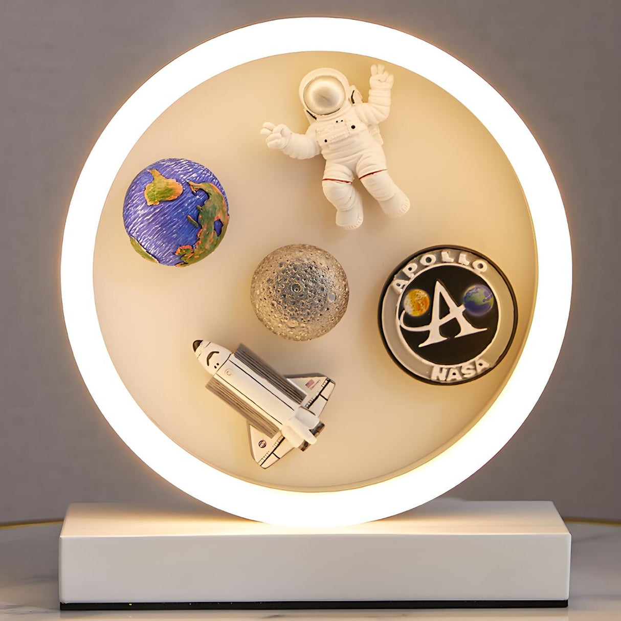 Modern White Astronaut-Themed Circular LED Table Lamp Image - 6