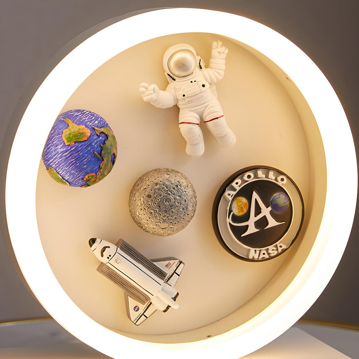 Modern White Astronaut-Themed Circular LED Table Lamp Image - 7