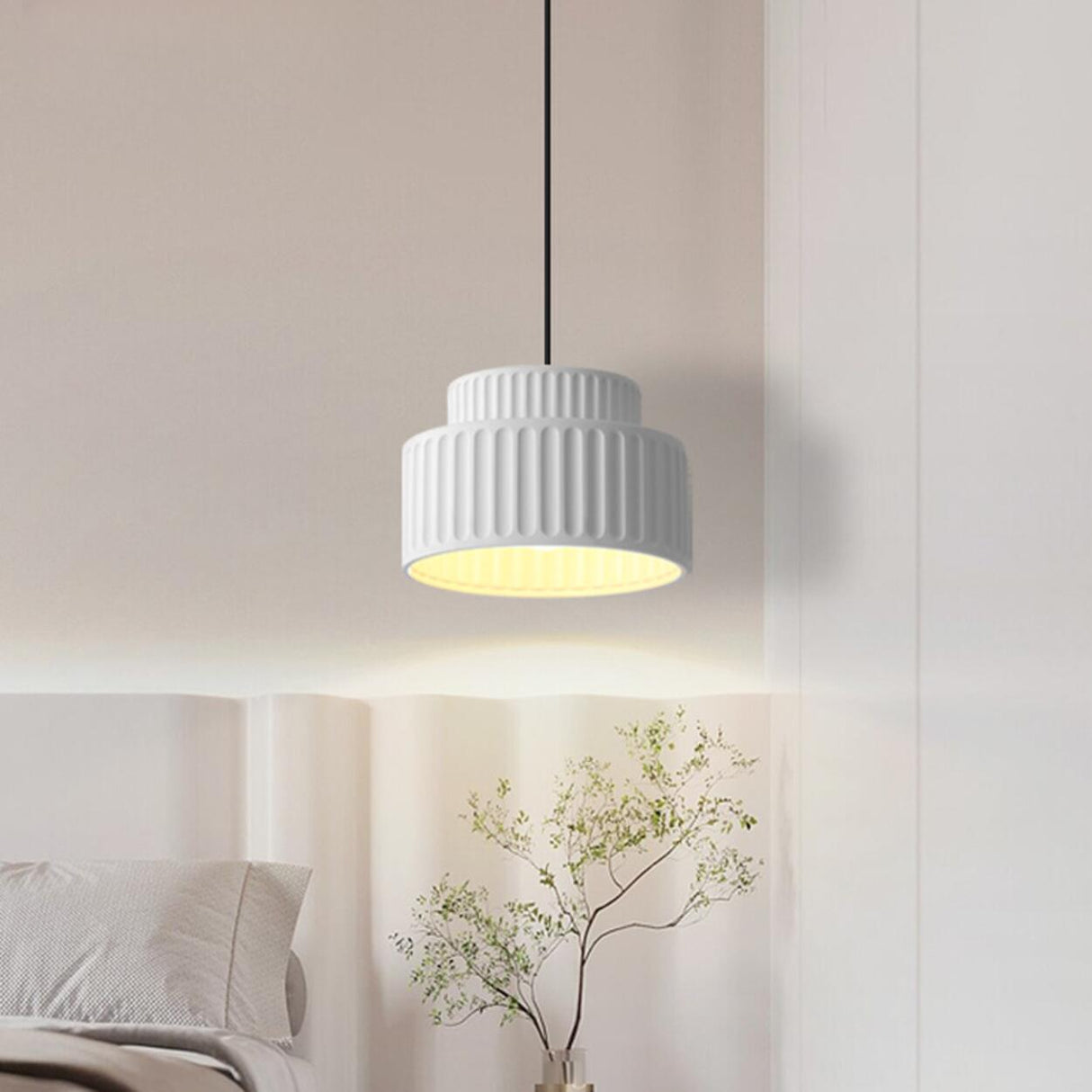 Modern White Ceramic Ribbed Resin Pendant Light Image - 1