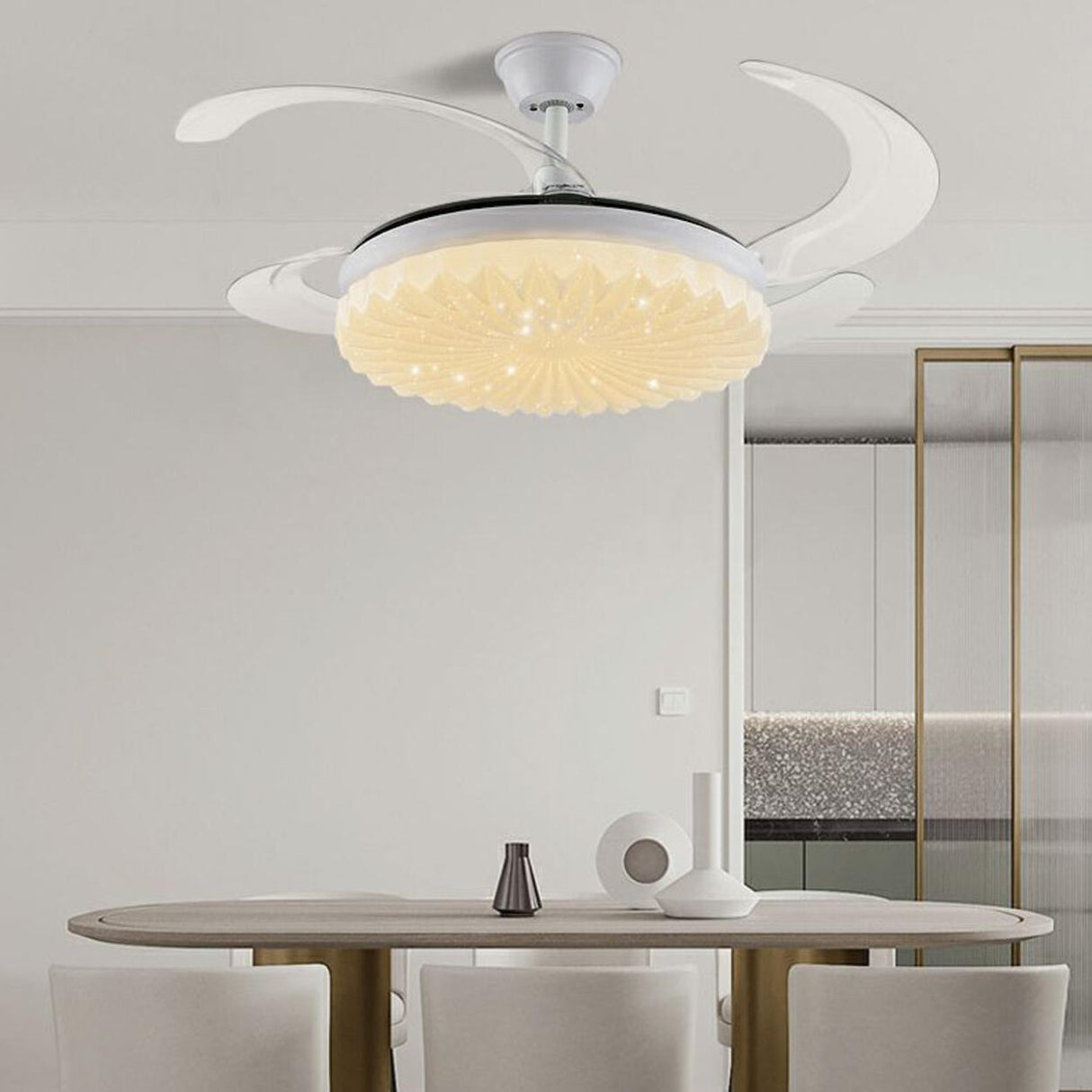 Modern White Clear Blade Round Ceiling Fan with Light Image - 6