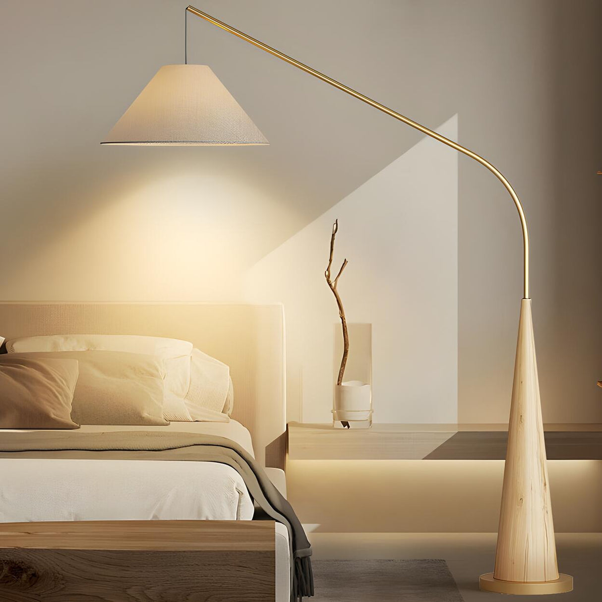 Modern White Cone and Walnut Metal LED Floor Lamp Image - 5