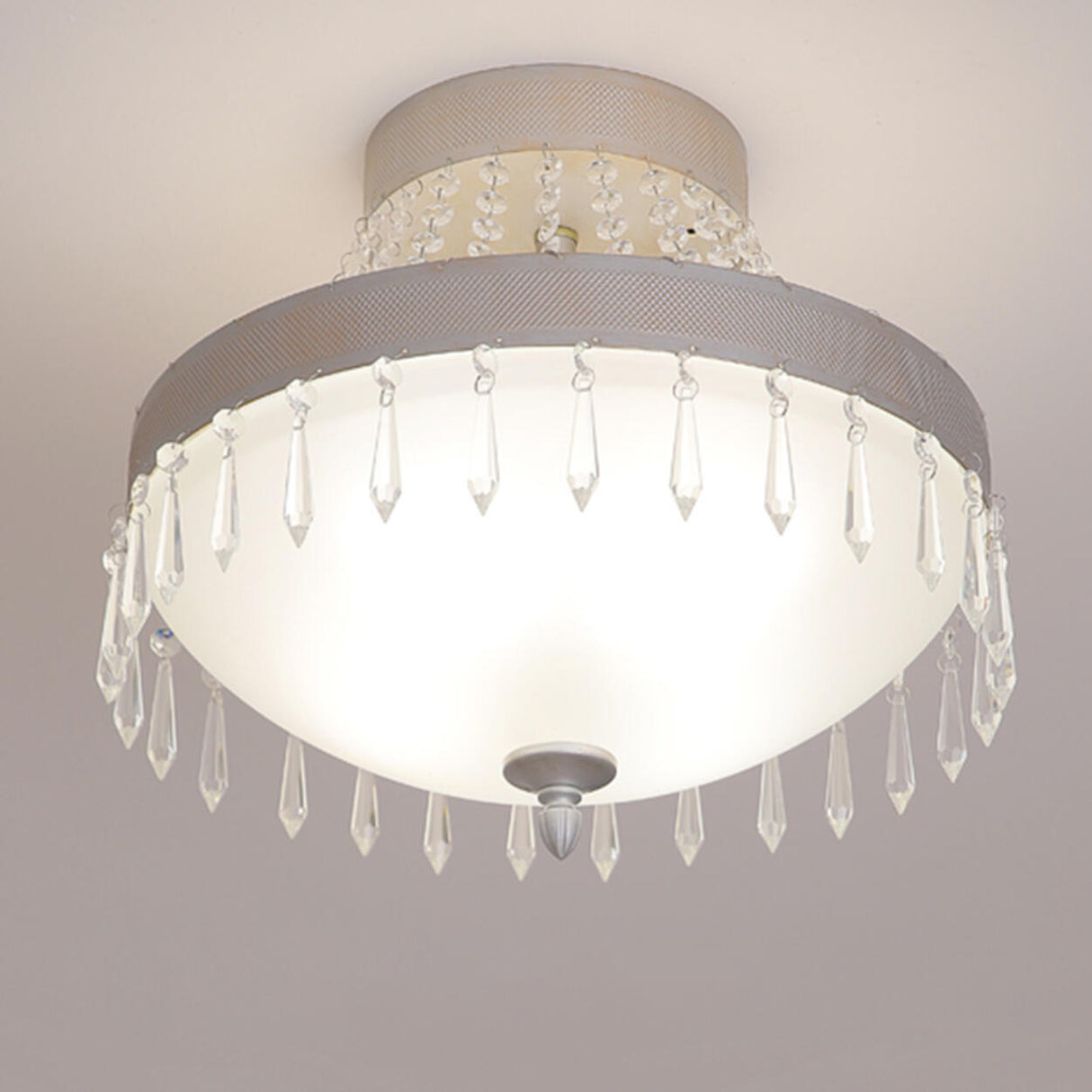 Modern White Crystal Bowl-Shaped Glass Flush Mount Lamp Image - 9