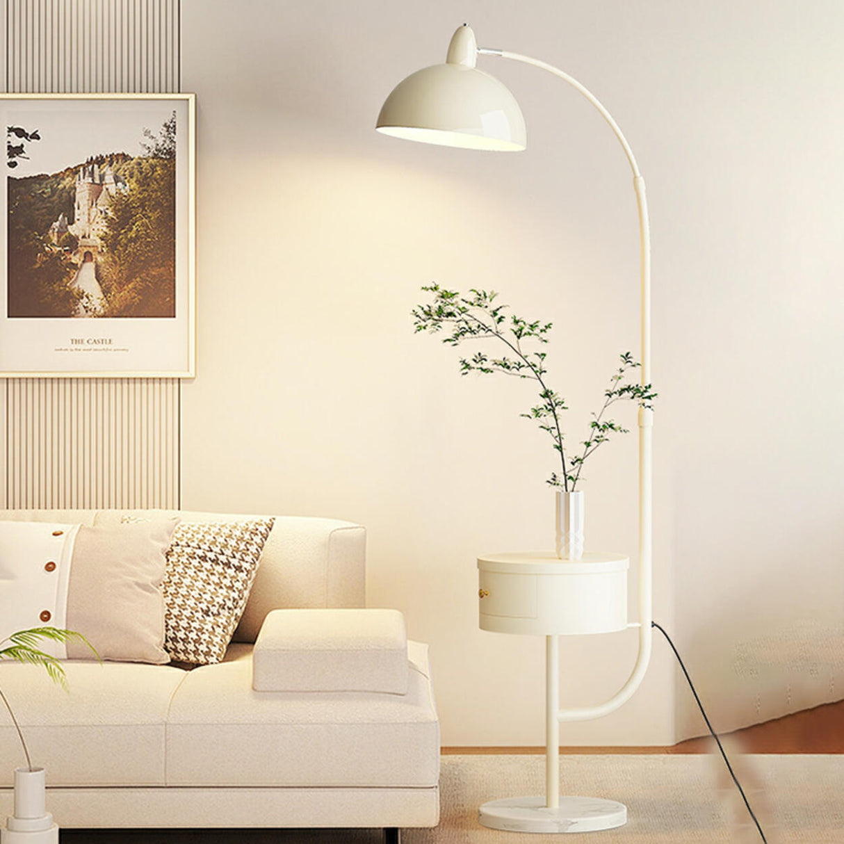 Modern White Dome and Arc Floor Lamp with Storage Image - 4