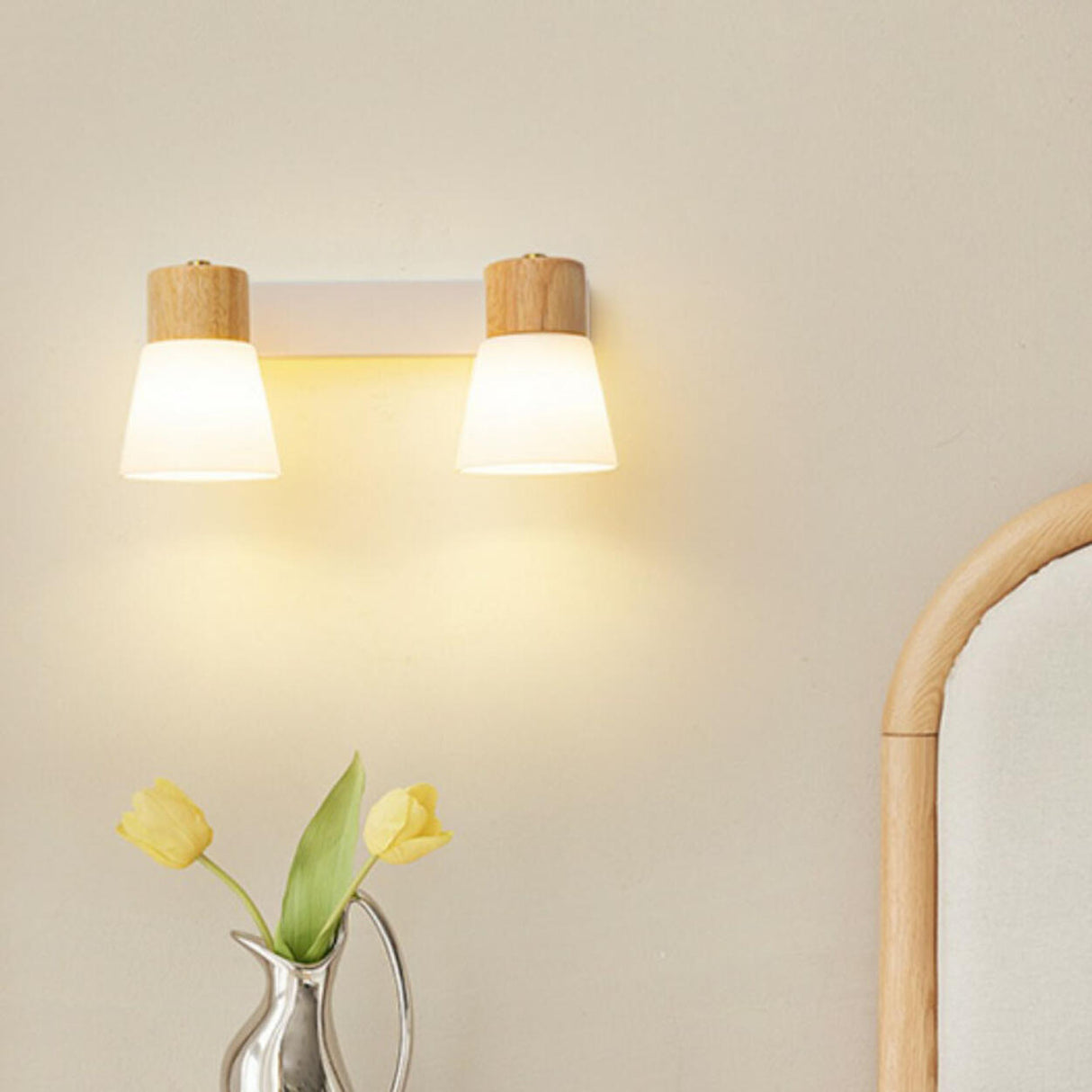 Modern White Double Light Wooden Wall Sconce Image - 16