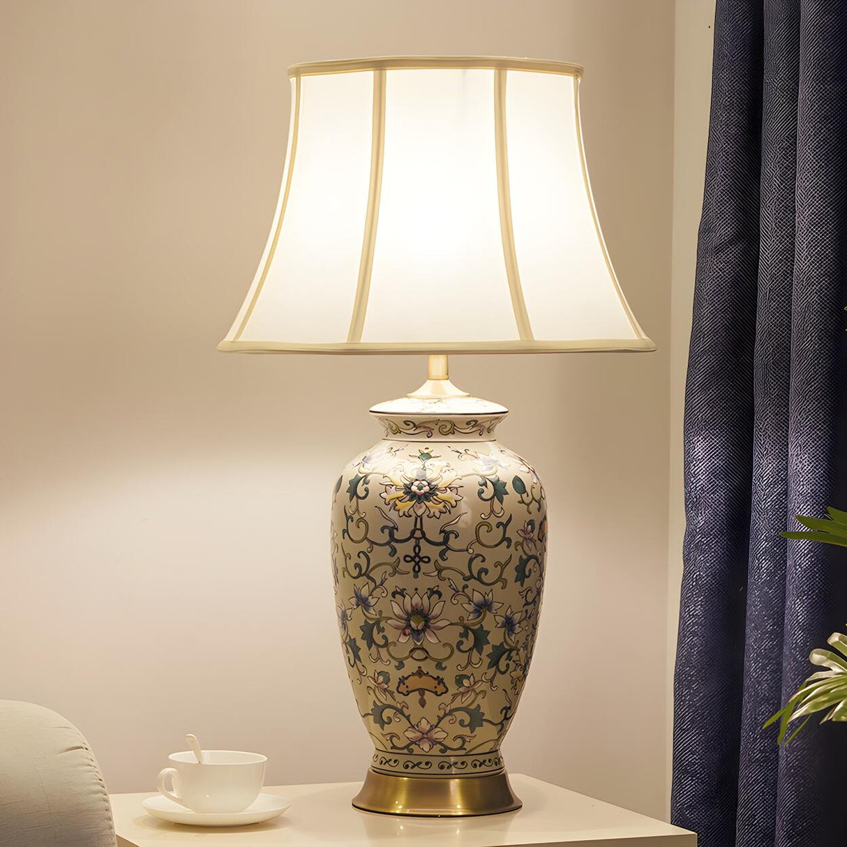 Modern White Drum Fabric Ceramic Vase Base Table Lamp Image - 3